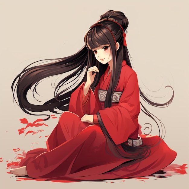 desenho animado de uma menina vestindo roupas tradicionais chinesas sentada de frente para o lado com um longo hai fluindo