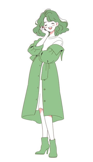 desenho animado de uma mulher com um casaco verde e vestido branco