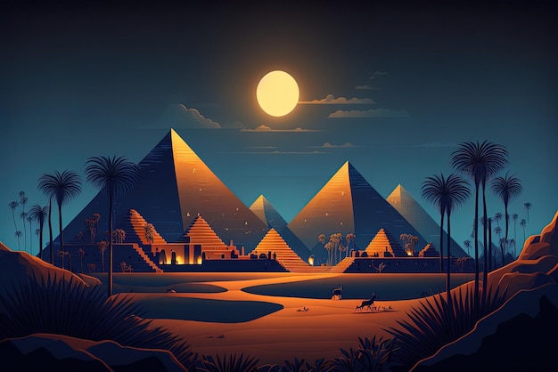 Desenho animado de uma paisagem de pirâmide egípcia à noite