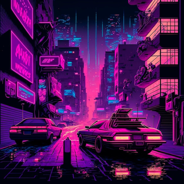 Desenho animado de uma rua cyberpunk