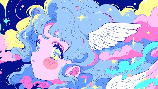 Menina Anjo Bonita Estilo Anime Fundo Branco imagem vetorial de