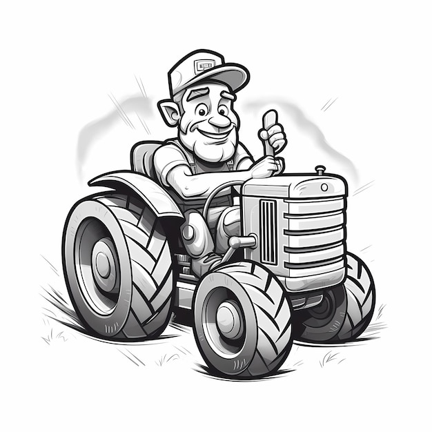 Foto desenho animado em 2d preto e branco de um fazendeiro a conduzir um tractor