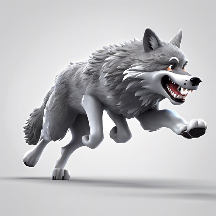 Foto desenho animado em 3d lobo cinzento correndo felizmente