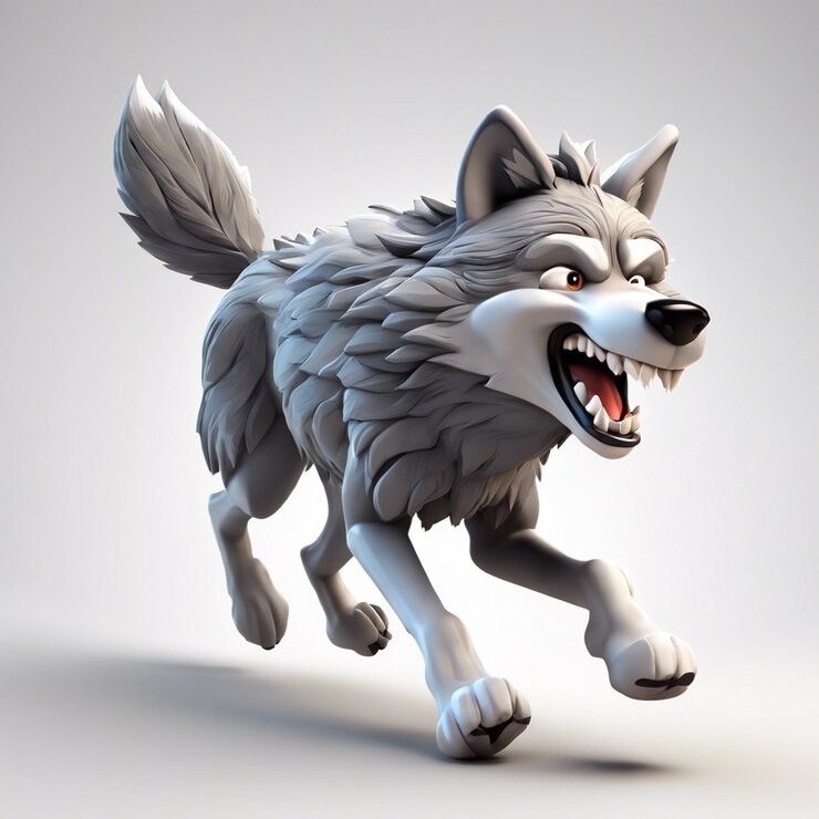 Foto desenho animado em 3d lobo cinzento correndo felizmente