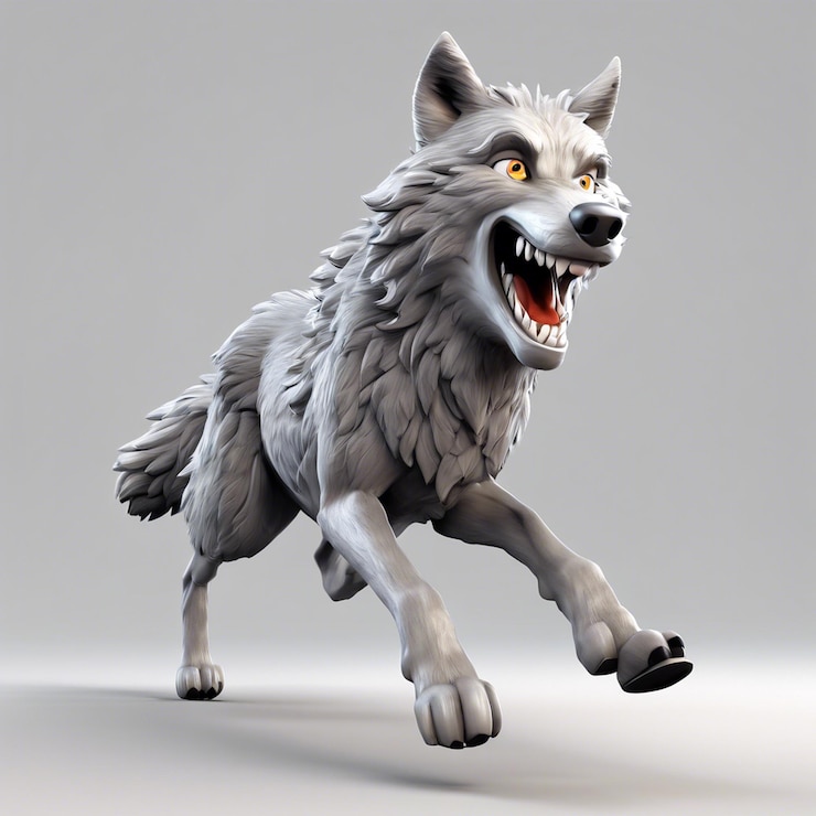 Foto desenho animado em 3d lobo cinzento correndo felizmente