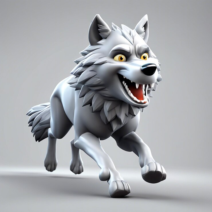 Foto desenho animado em 3d lobo cinzento correndo felizmente