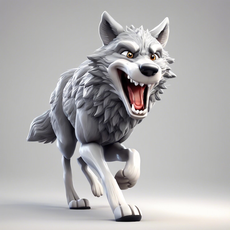 Foto desenho animado em 3d lobo cinzento correndo felizmente