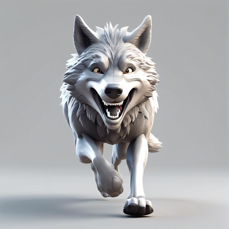 Foto desenho animado em 3d lobo cinzento correndo felizmente