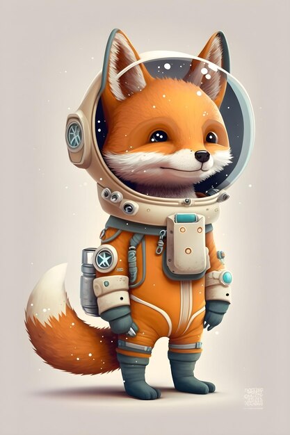 desenho animado em pé de astronauta de raposa fofa