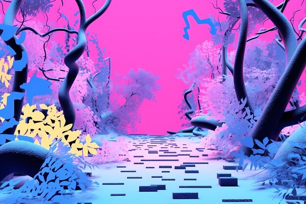 desenho animado floresta de inverno fundo de néon vibrante estilo 90s y2k
