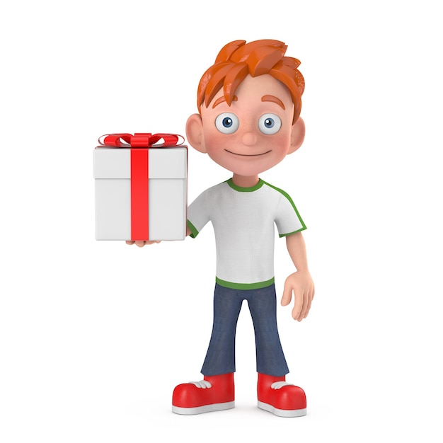 Desenho animado garotinho adolescente personagem mascote e caixa de presente com fita vermelha renderização em 3d