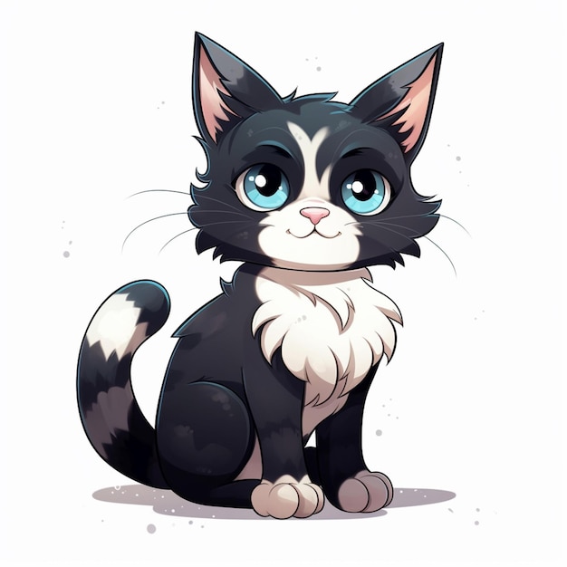 desenho animado gato preto e branco com olhos azuis sentado no chão generativo ai