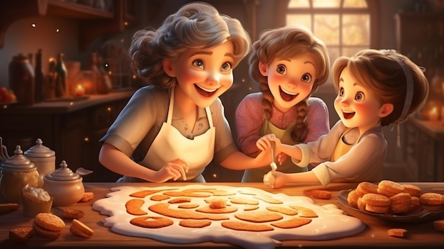 desenho animado Menina feliz avó cozinhando biscoitos de gengibre tradicionais de Natal juntos Foto de alta qualidade