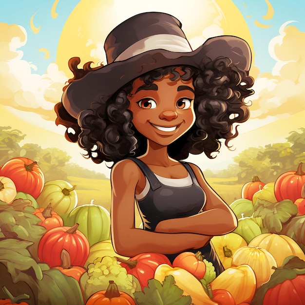 Foto desenho animado menina negra fazendeiro em um chapéu em um campo em uma rica colheita de frutas e legumes