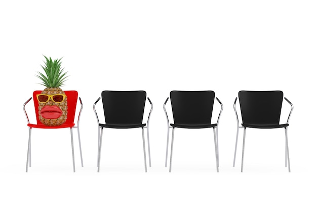 Desenho animado moda hipster corte abacaxi com óculos de sol amarelos e grandes lábios vermelhos em uma cadeira vermelha na fila de cadeiras de escritório em um fundo branco renderização em 3d
