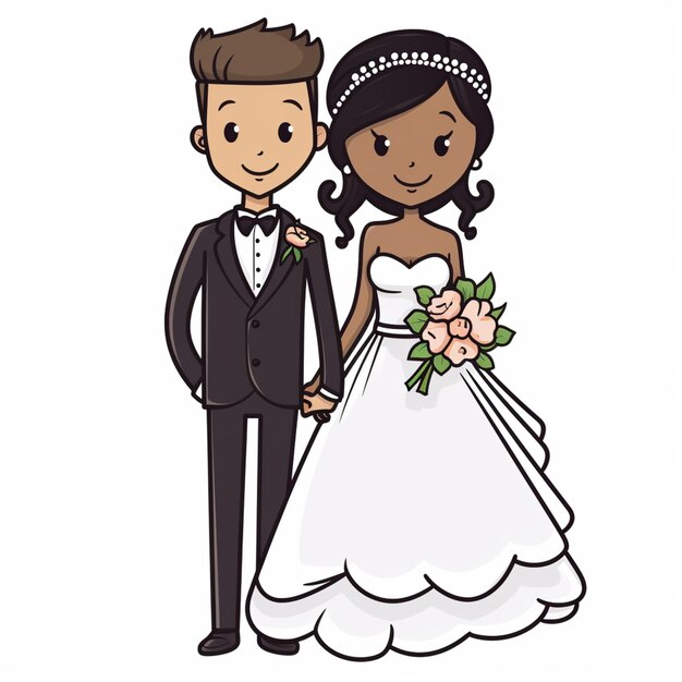 Foto desenho animado noiva e noivo de pé juntos de mãos dadas