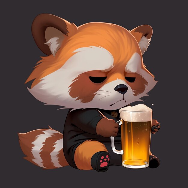 desenho animado panda vermelho com cerveja sentado no chão generativo ai