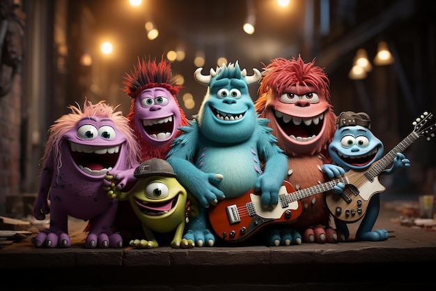 Foto desenho animado pixar de um grupo de instrumentos musicais tocando gerado por ia