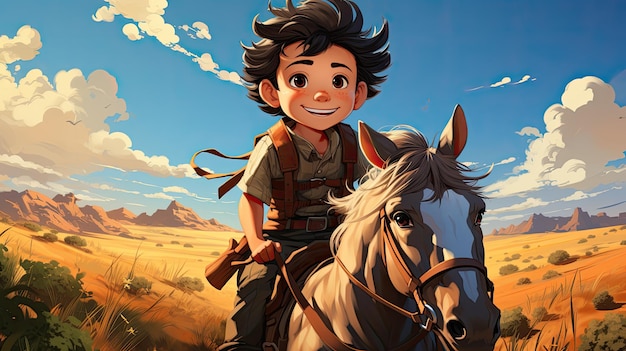 Desenho animado retrata uma criança andando a cavalo