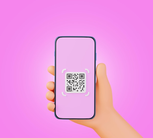 Desenho animado segurando smartphone para código QR para pagamento ou certificação renderização 3D