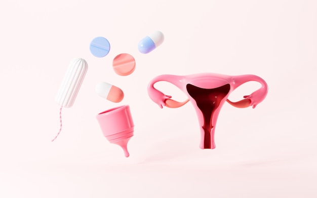 desenho animado útero drogas xícara menstrual tampões e assim por diante produto feminino renderização 3d
