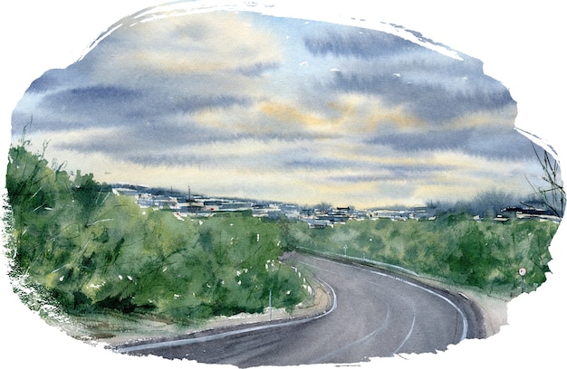 Desenho aquarela paisagem com estrada céu e floresta