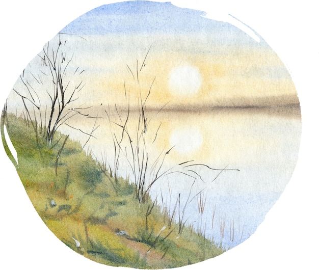 Desenho aquarela paisagem com lago na floresta