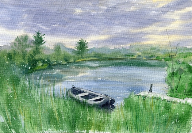 Desenho aquarela paisagem com lago na floresta