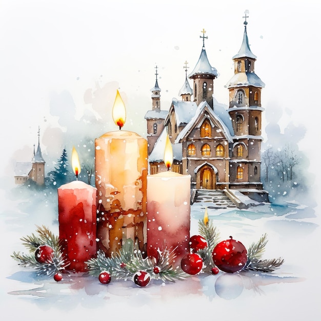 Desenho aquarelado de velas de Natal