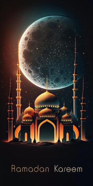 Desenho arquitetônico incrível da mesquita muçulmana dourada planeta lua ramadan mubarak conceito AI gerador luzes brilhantes