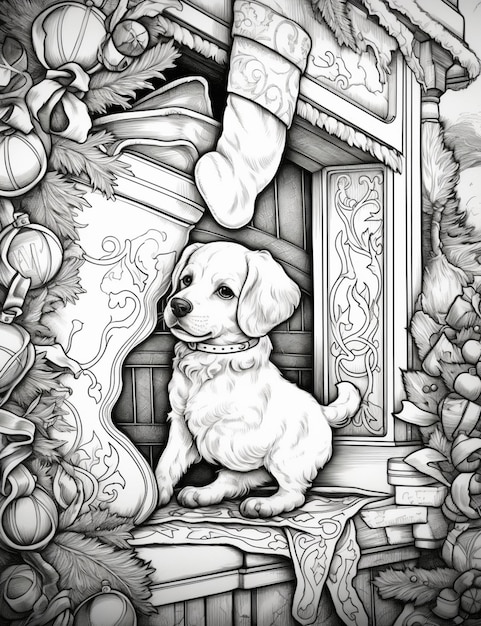 desenho arrafado de um cão sentado em uma janela com meias e decorações de Natal