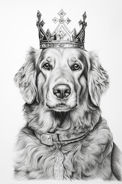 desenho arrafado de um cão vestindo uma coroa em um fundo branco