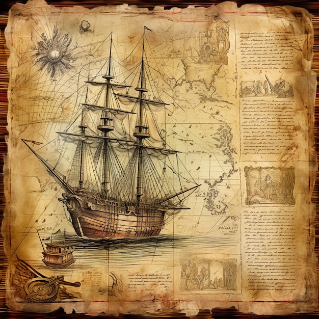 Desenho arrafado de um navio num mapa com uma bússola generativa ai