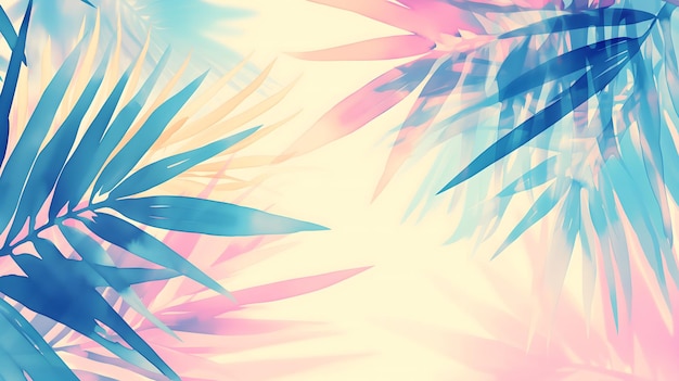 Desenho artístico de modelo tropical de verão com folhas de palmeira cor-de-rosa e azul pintadas à mão em aquarela