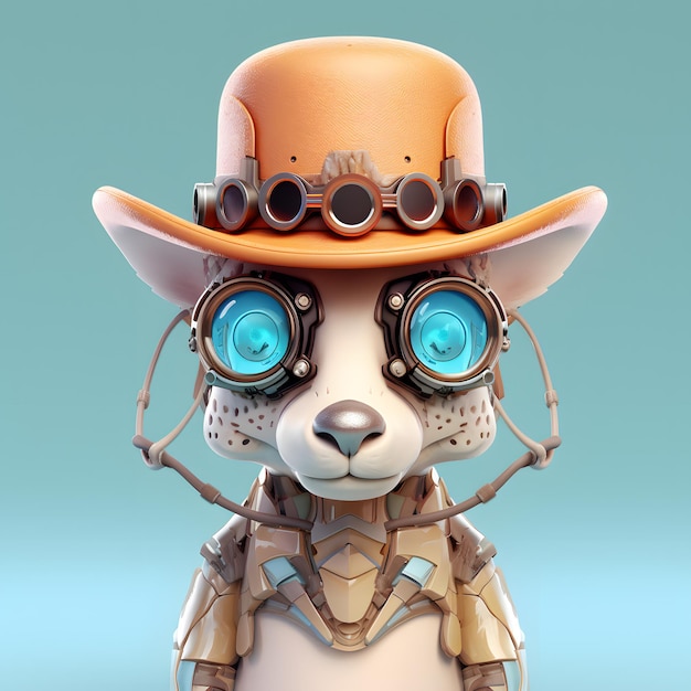 Desenho bonito de canguru 3D com chapéu steampunk e vidro do Google