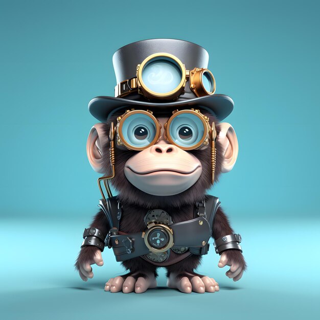 Desenho bonito de chimpanzé 3D com chapéu steampunk google glass