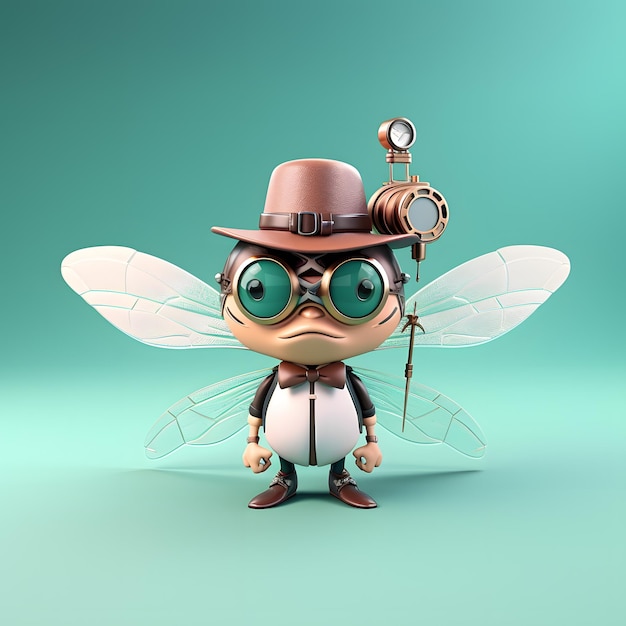 Desenho bonito de libélula 3D com chapéu steampunk google glass