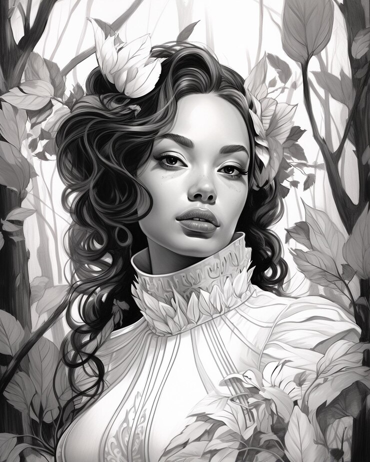 Foto desenho branco e preto de uma mulher
