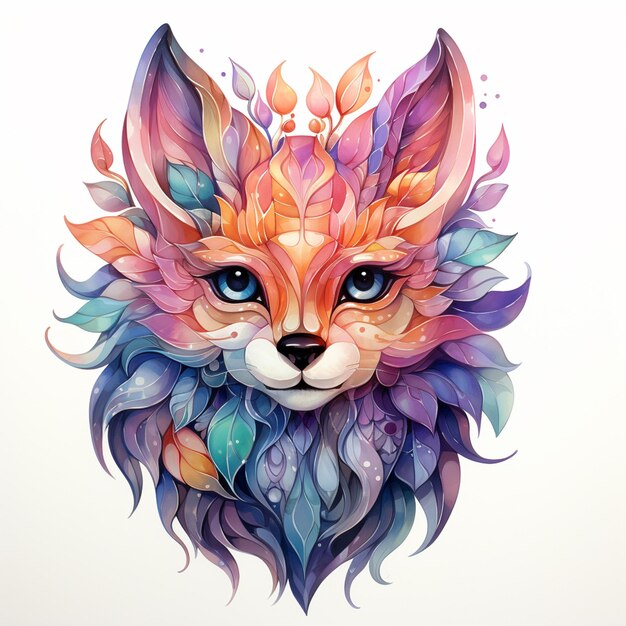 Desenho brilhantemente colorido de uma cabeça de raposa com folhas e flores ai generativo