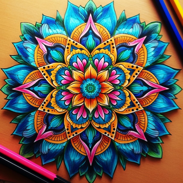 Foto desenho brilhantemente colorido de uma flor em uma superfície de madeira generativa ai