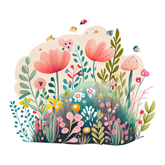 Desenho caprichoso em aquarela de um jardim de flores com detalhes bonitos isolados