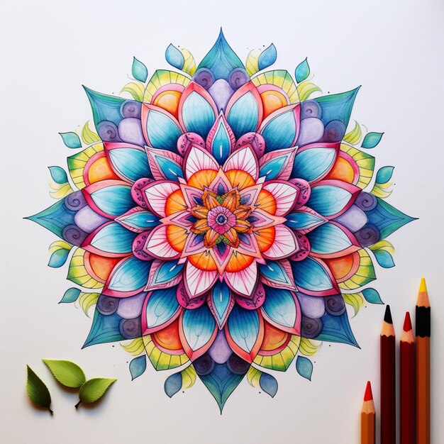 Foto desenho colorido brilhante de uma flor com folhas e um lápis generativo ai