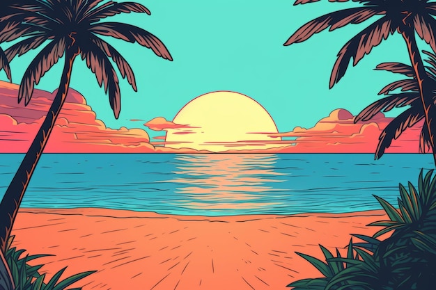 Desenho colorido de uma praia tropical de verão