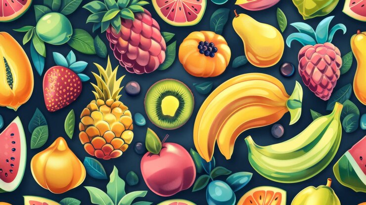 Foto desenho colorido e sem costuras de uma variedade de frutas tropicais