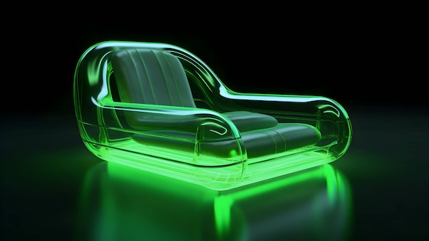 Desenho conceitual de produto fluorescente verde dentro de uma poltrona inflável de piscina