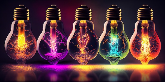 Desenho conjunto de lâmpadas vintage multicoloridas Generative AI
