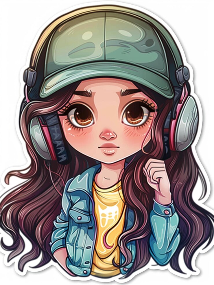 Foto desenho de adesivo legal de uma menina bonita no estilo de caricatura da cultura pop icônica