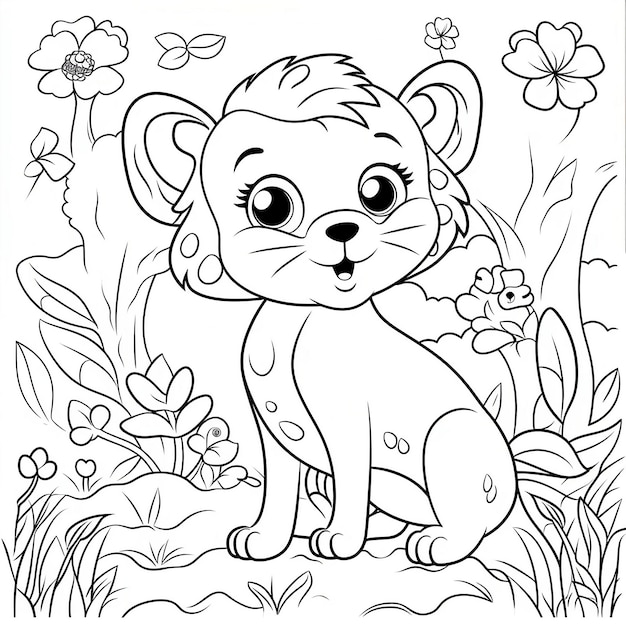 Desenho de animal para colorir para crianças Desenho de Gato fofo na grama para colorir
