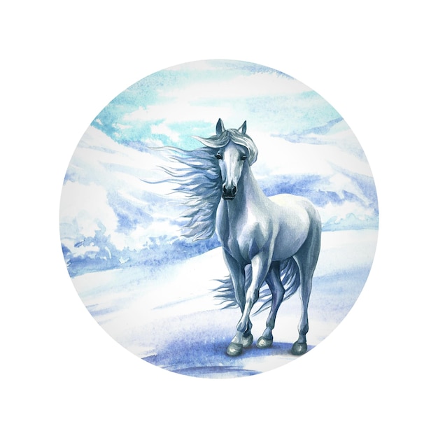 Desenho de aquarela com um cavalo branco e uma paisagem montanhosa em uma moldura redonda