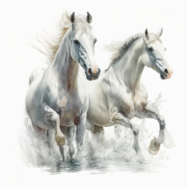 Foto desenho de aquarela de cavalos brancos, fundo branco